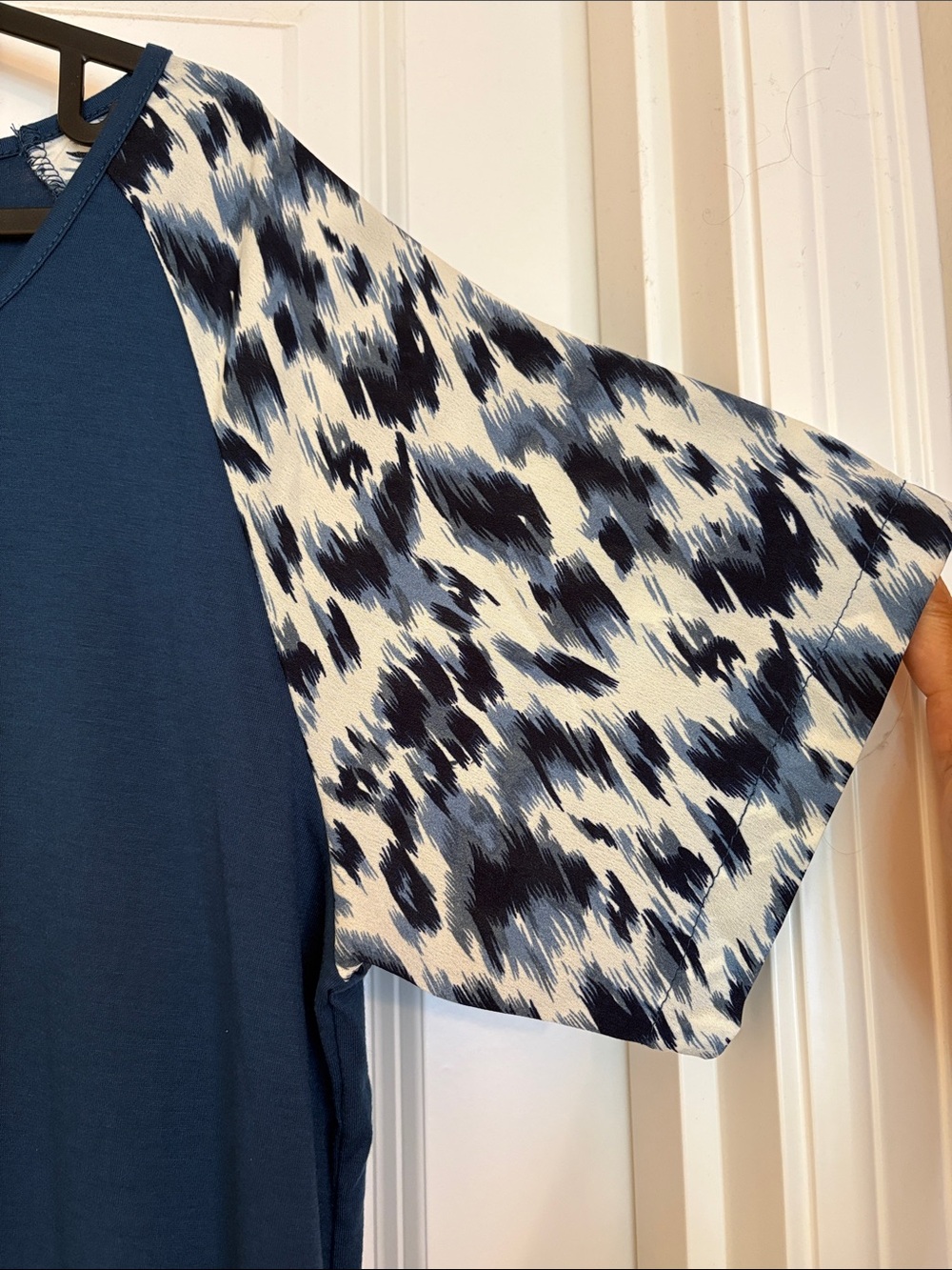 Navy Midi Dress with Patterned Raglan Sleeves - Picture 3 of 5